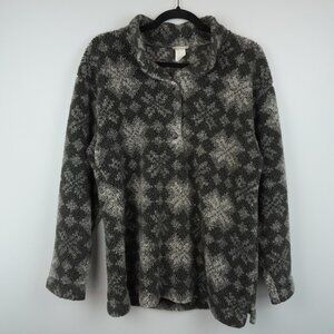 LL Bean Black Gray Camo Snowflake Fleece 1/4 Button Up Pullover Shirt‎ SZ Medium